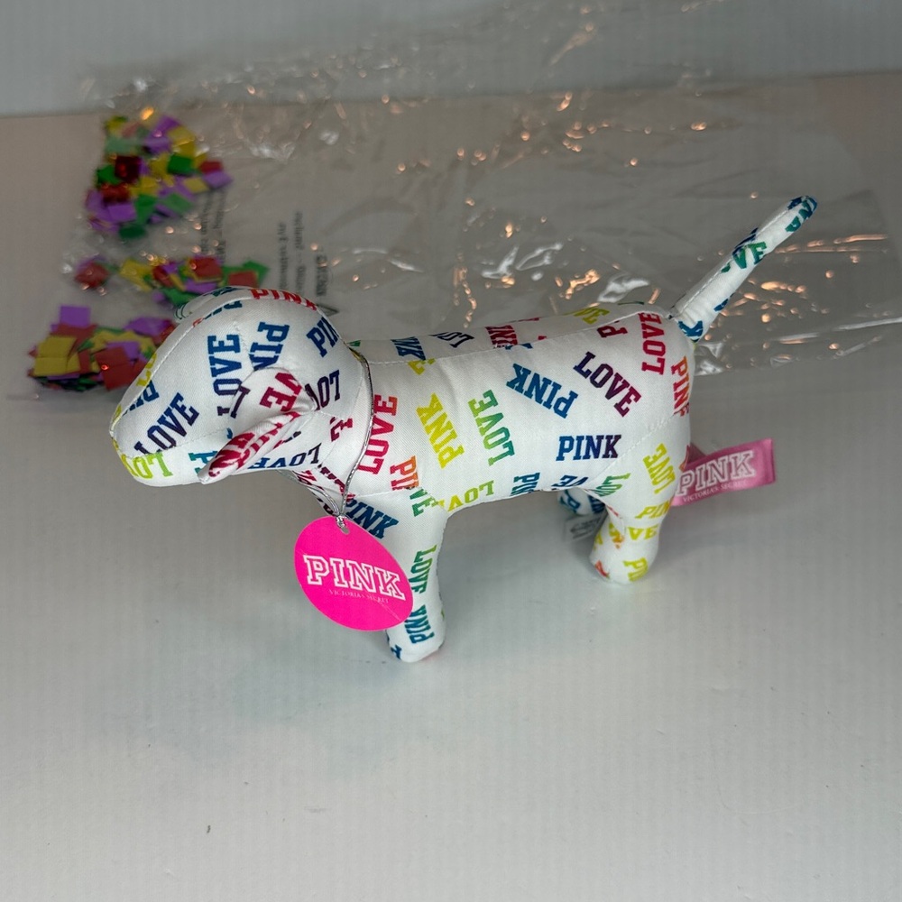 PINK Victorias Secret multicolor logo plush dog with confetti bag